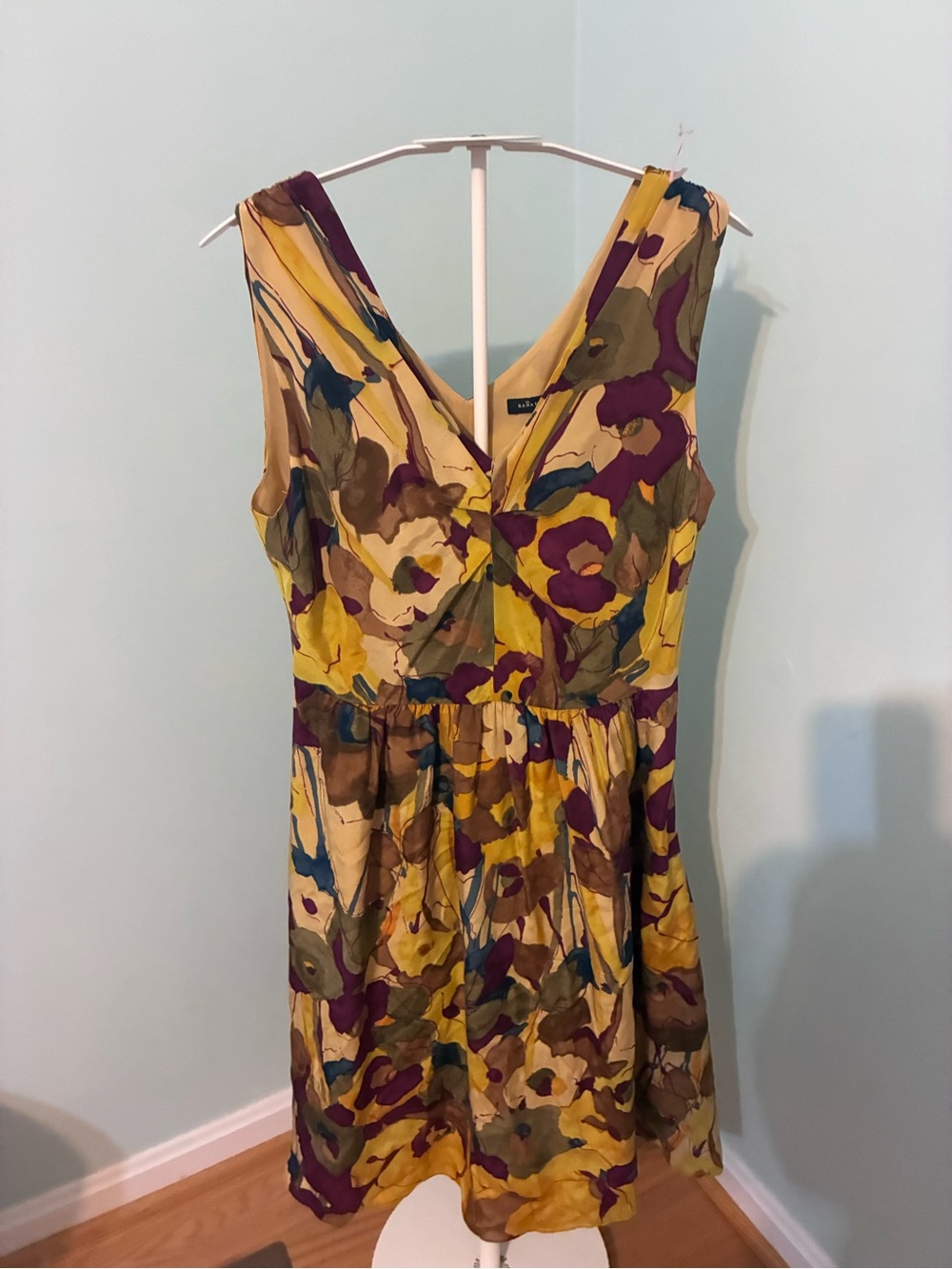 Vintage Banana Republic Yellow Floral V-Neck Gathered Waist Mini Dress